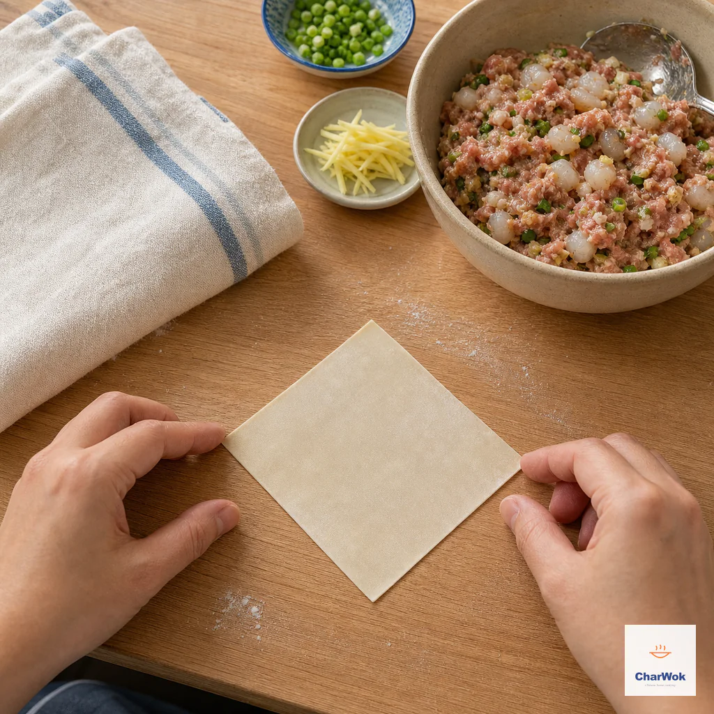 One square wonton wrapper lies as a diamond while the remaining stack stays under a damp towel