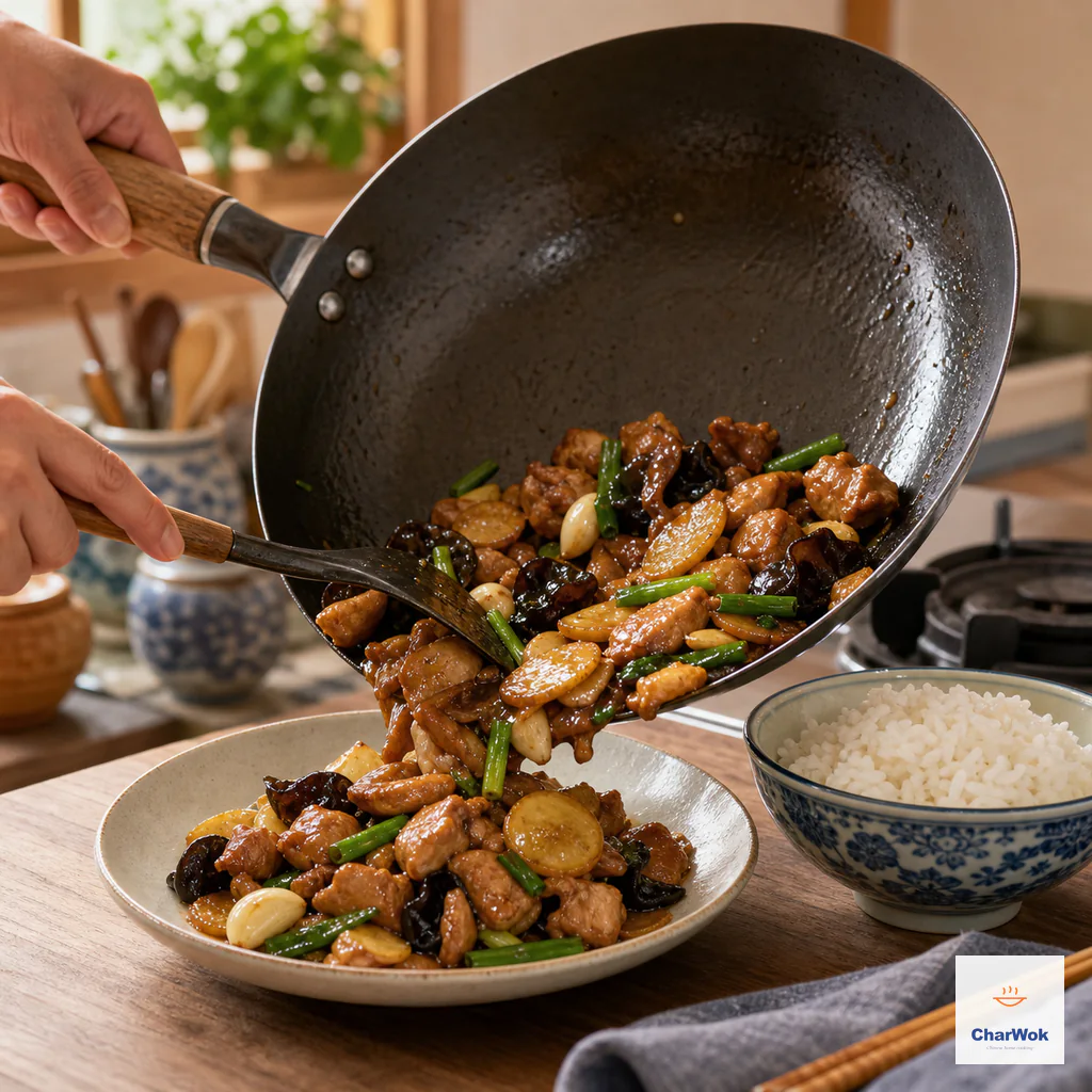 Fresh scallion is folded into glossy ginger chicken off the heat before serving with steamed rice