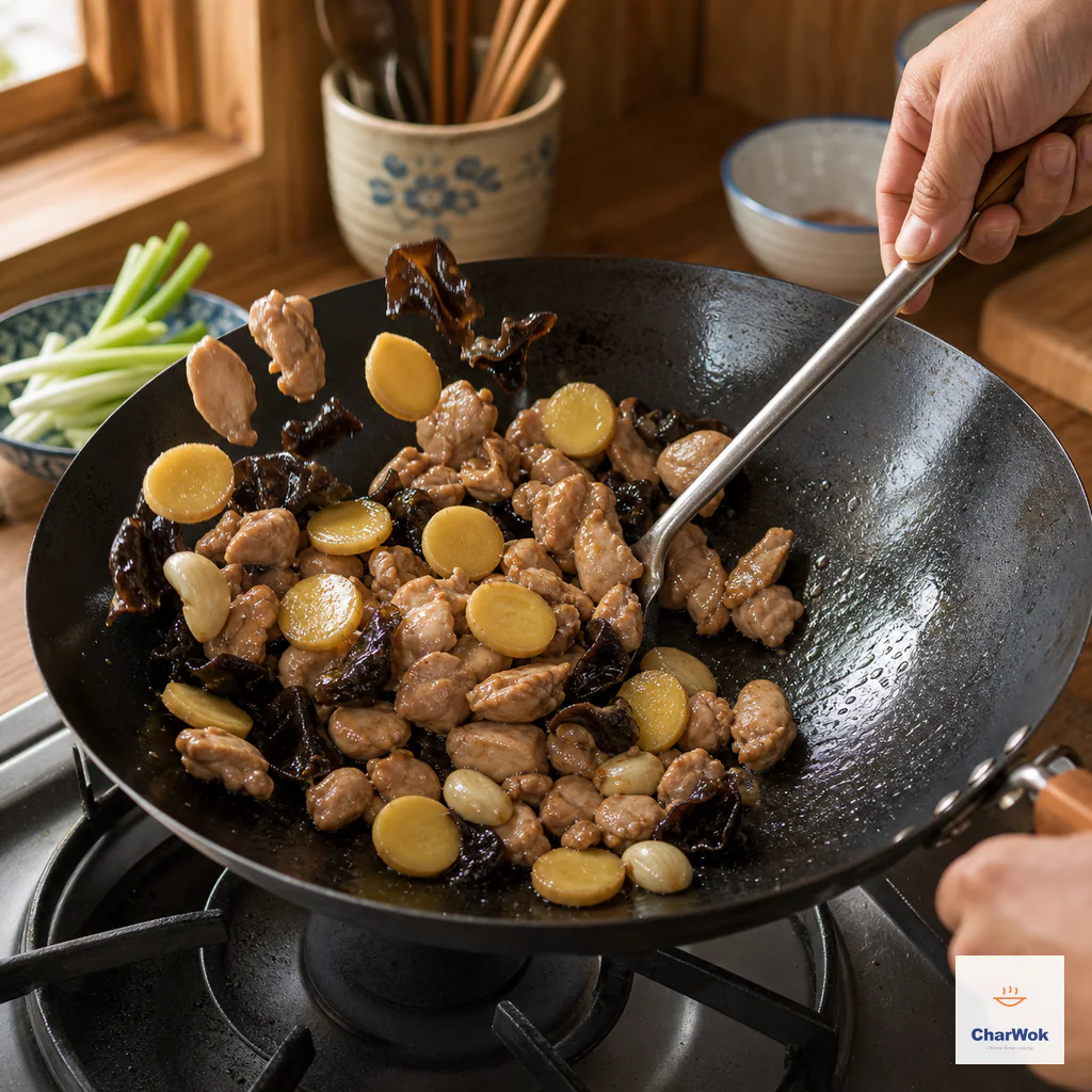 Mature ginger coins, crushed garlic and black wood ear tumble with partly seared chicken over high heat