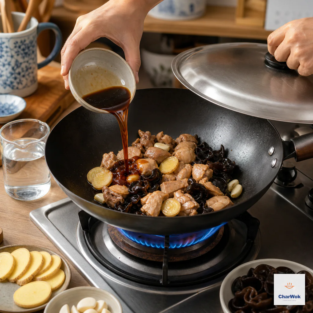 Soy seasoning and water pour into ginger chicken as a domed lid waits beside the wok