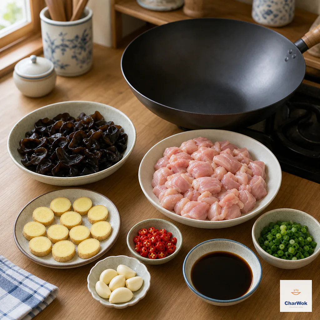 Boneless chicken pieces, drained wood ear, ginger coins, crushed garlic, chopped chili, scallion and measured sauce are ready beside the wok