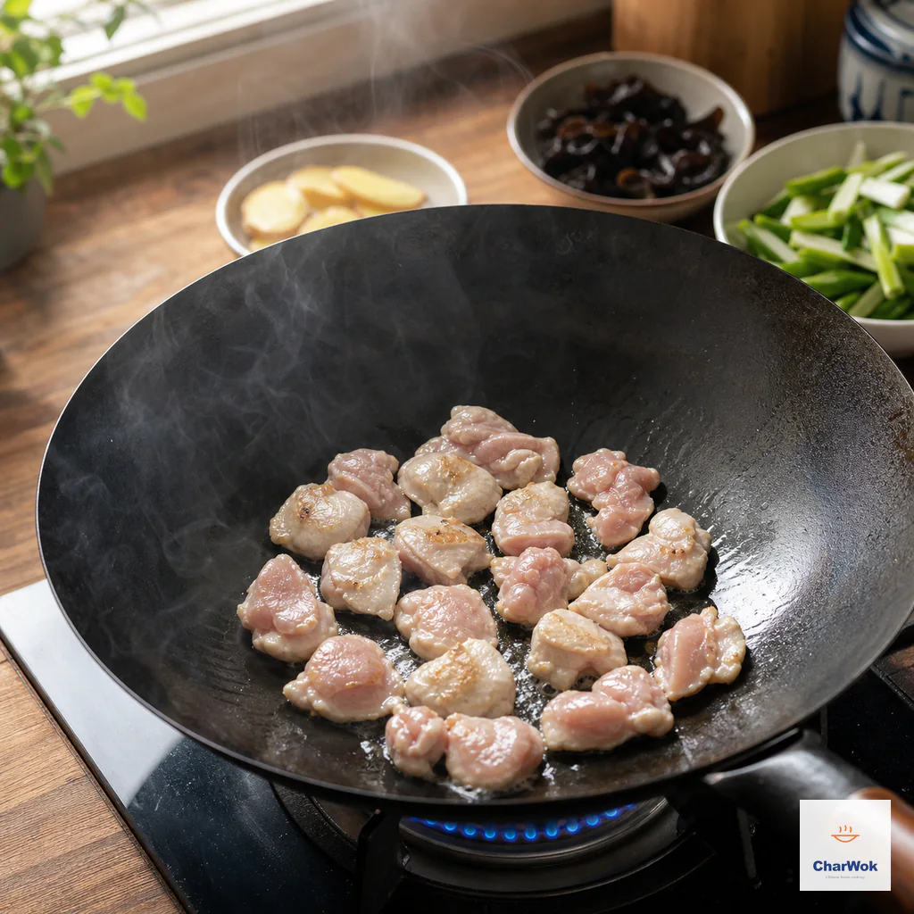 Boneless chicken-thigh chunks sear in one uncrowded layer in shimmering oil with no visible smoke