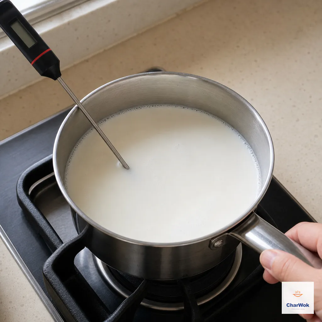 A probe thermometer sits in sweetened whole milk with only tiny bubbles forming around the saucepan edge