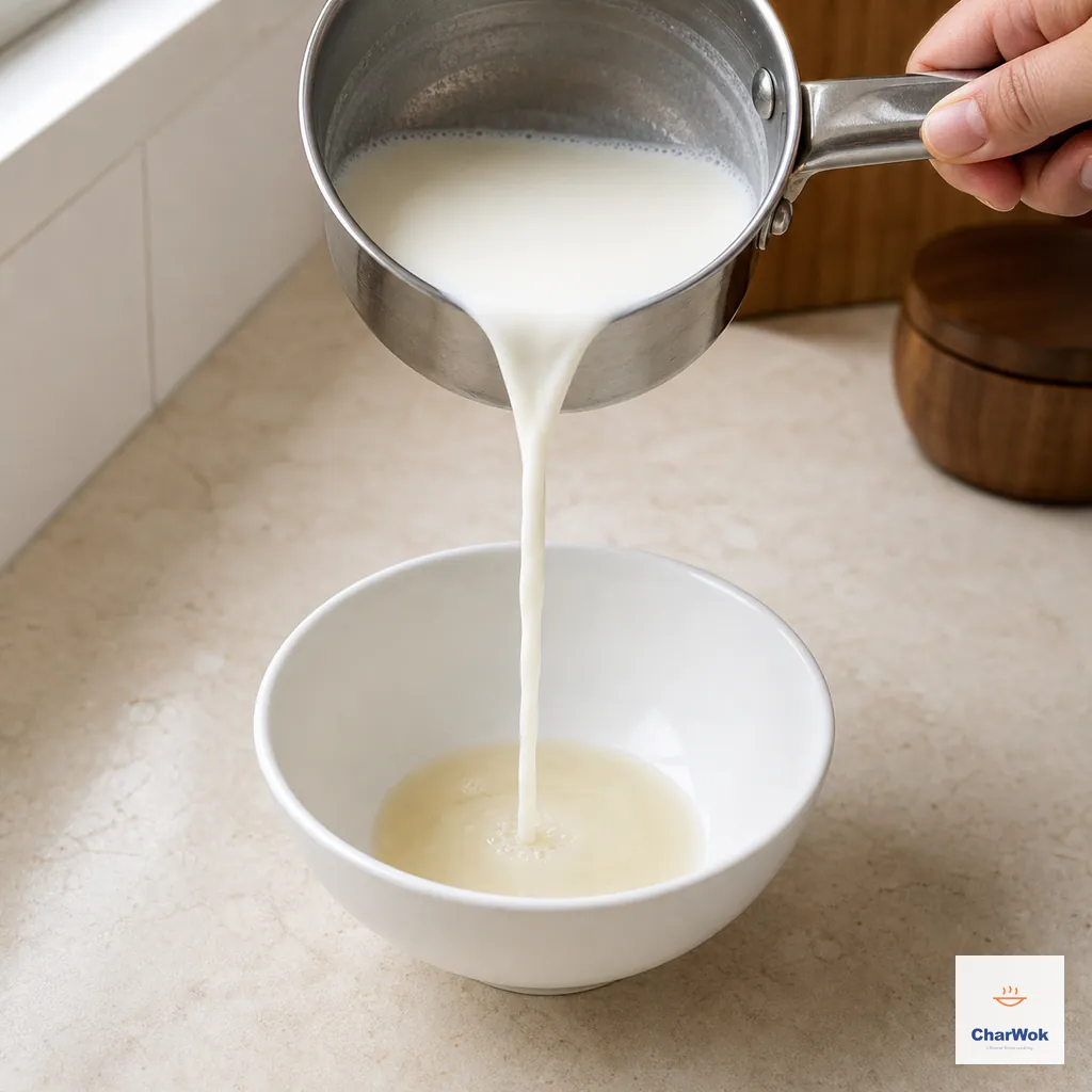 Hot sweetened milk pours in one narrow steady stream from above into a bowl containing freshly stirred ginger juice
