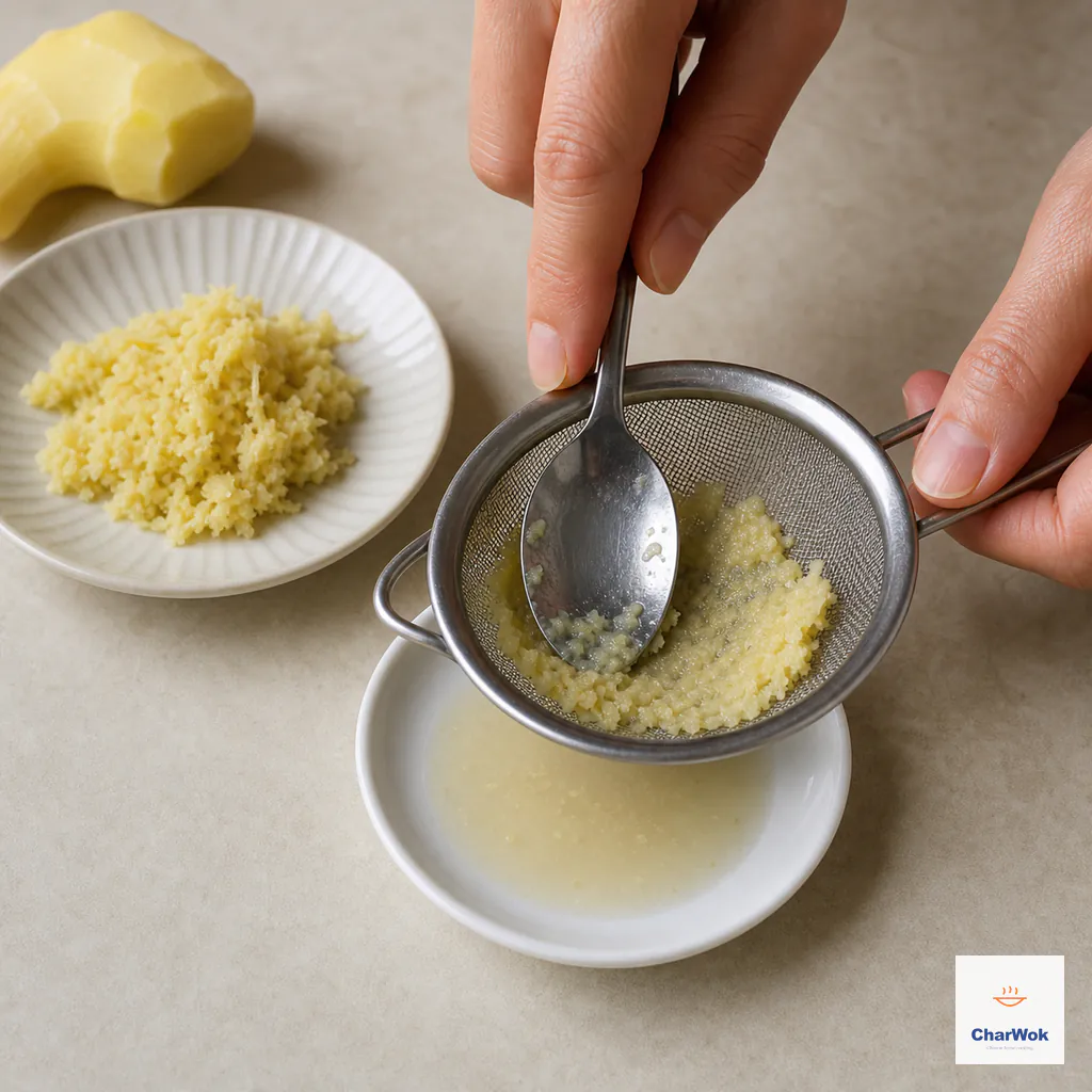 A spoon presses finely grated mature ginger through a small sieve into a shallow pool of fresh cloudy juice