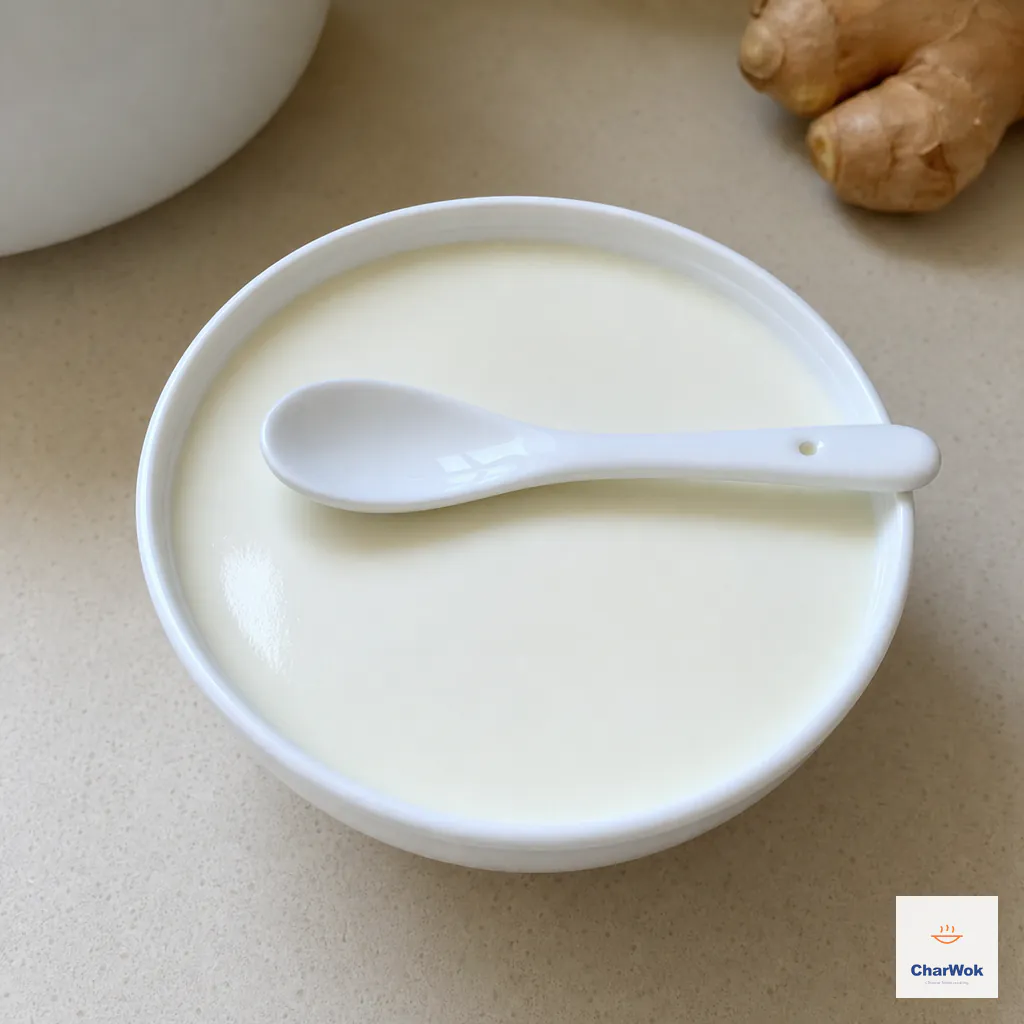 A ceramic teaspoon rests flat on the smooth surface of set ginger milk curd without sinking