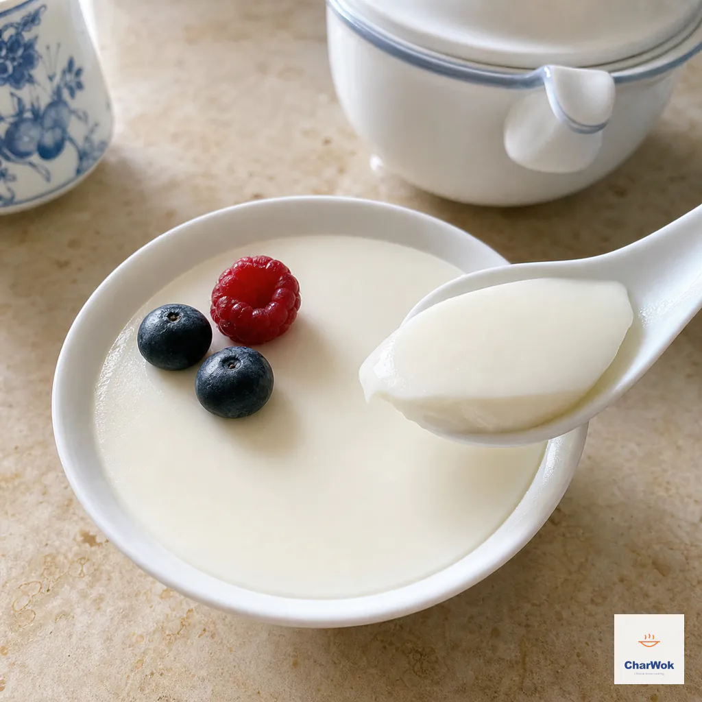 A ceramic spoon lifts smooth soft-set ginger milk curd beside one raspberry and two blueberries