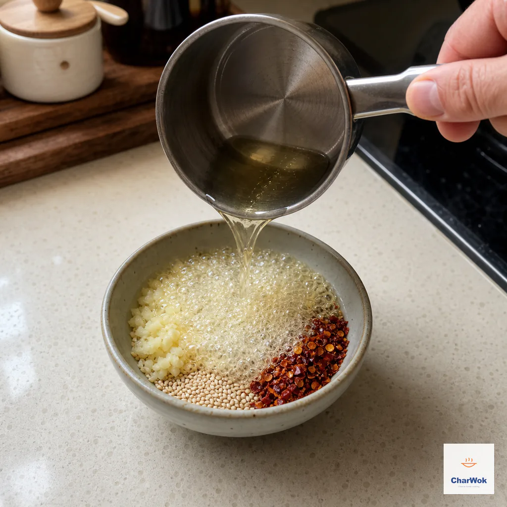 Shimmering neutral oil pours over minced garlic, coarse dried chili flakes and toasted white sesame with a vigorous controlled sizzle