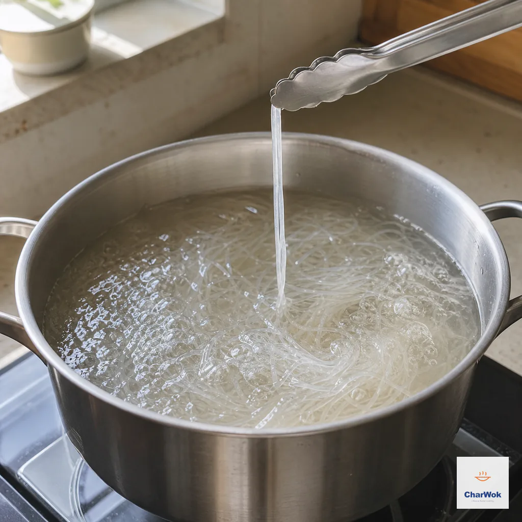 Transparent glass noodles boil in a generous pot while tongs lift one resilient strand for an early doneness check