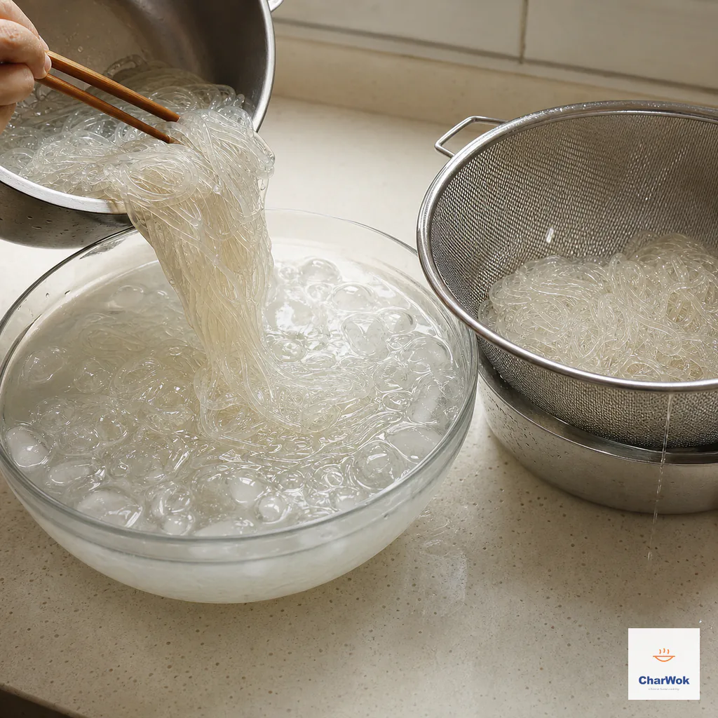 Just-cooked glass noodles move through a clear ice-water bath into a fine colander to drain thoroughly