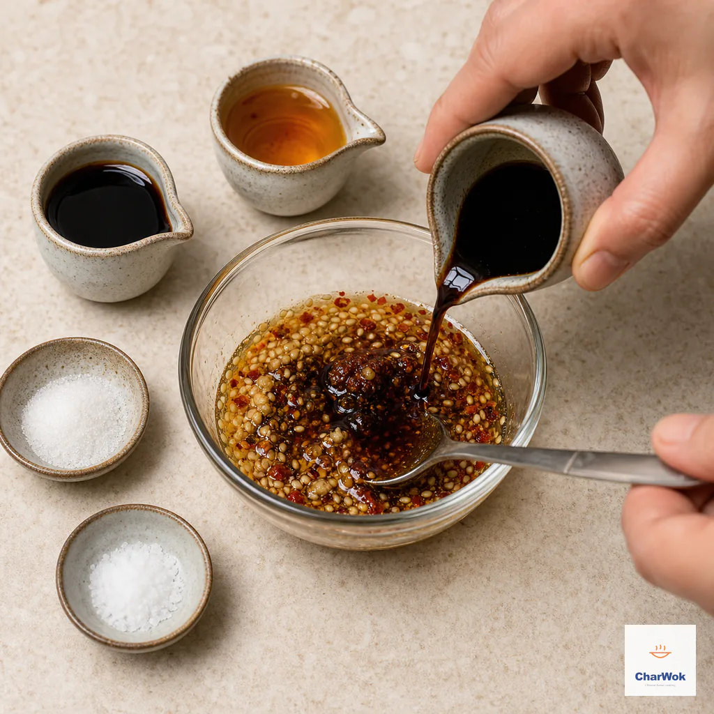 Light soy sauce, black rice vinegar and toasted sesame oil are stirred into bloomed garlic, dried chili and sesame with sugar and salt