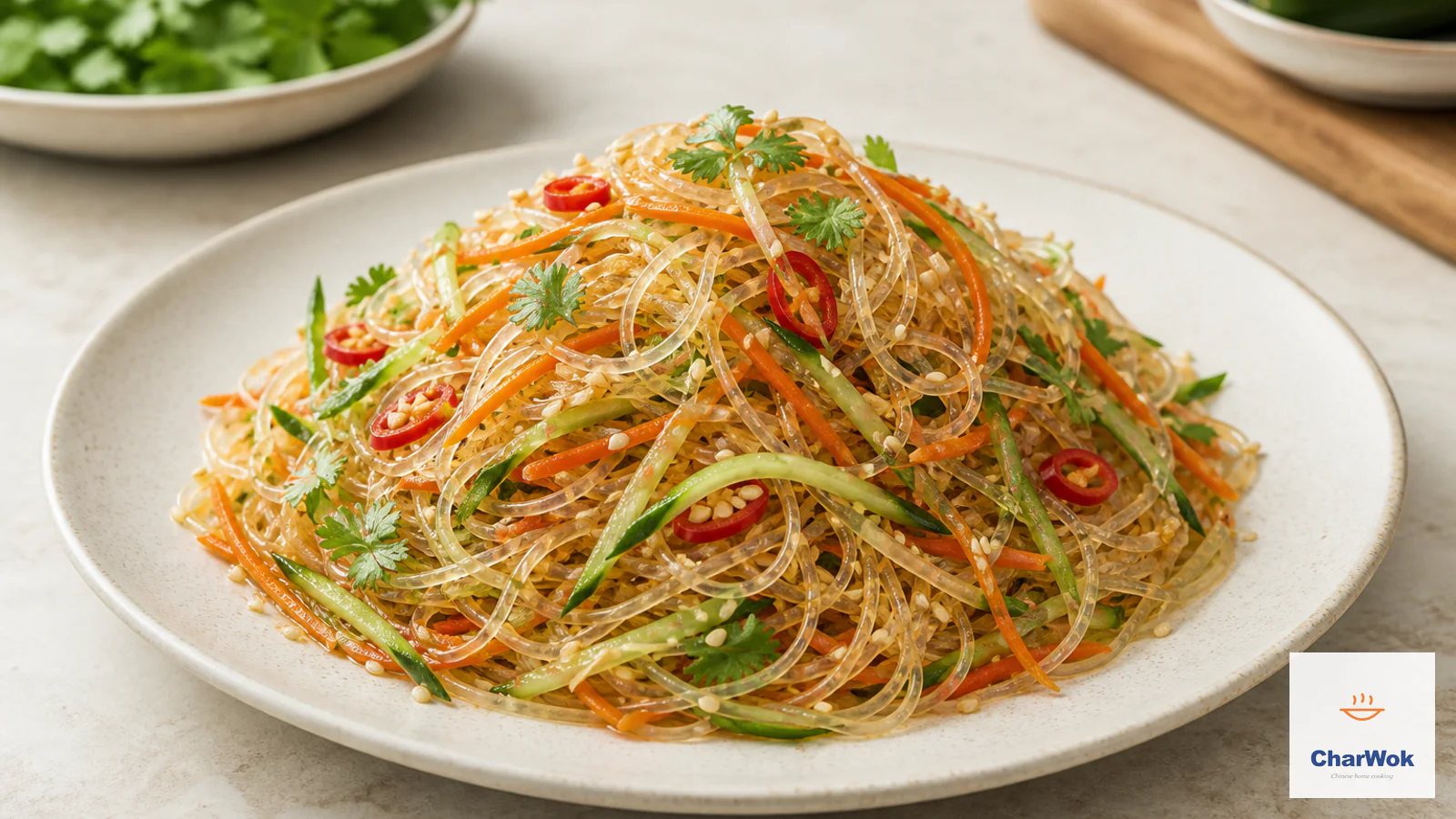 Refreshing glass noodle salad with carrot, cucumber, red chili and cilantro