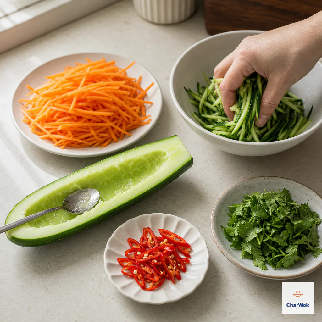 Fine carrot strips, seeded cucumber strips, sliced red chili and chopped cilantro are prepared while the lightly salted cucumber is gently squeezed