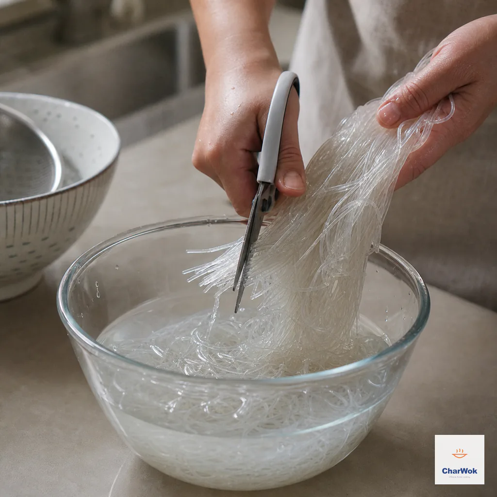 Pliable soaked mung-bean glass noodles are lifted from cold water and snipped into manageable lengths with kitchen scissors