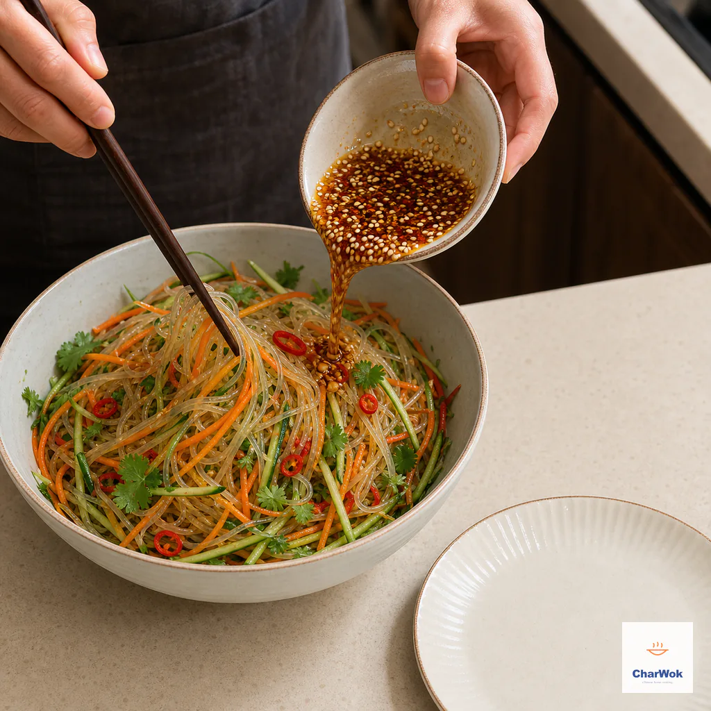 Long chopsticks lift and separate glass noodles as they are tossed with carrot, cucumber, fresh chili, cilantro and the finished dressing