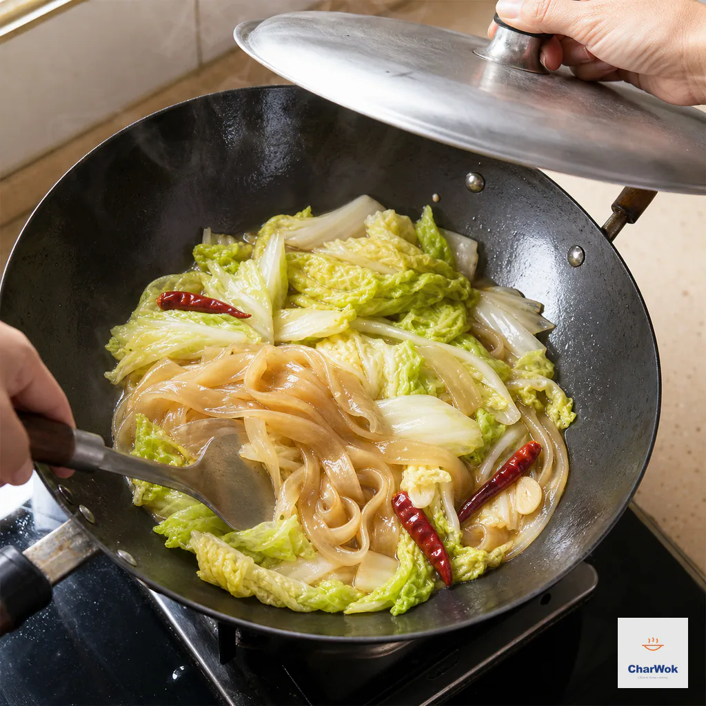 Tender Napa leaves and thick drained sweet-potato noodles are tucked into shallow seasoned broth as a metal lid lowers over the wok