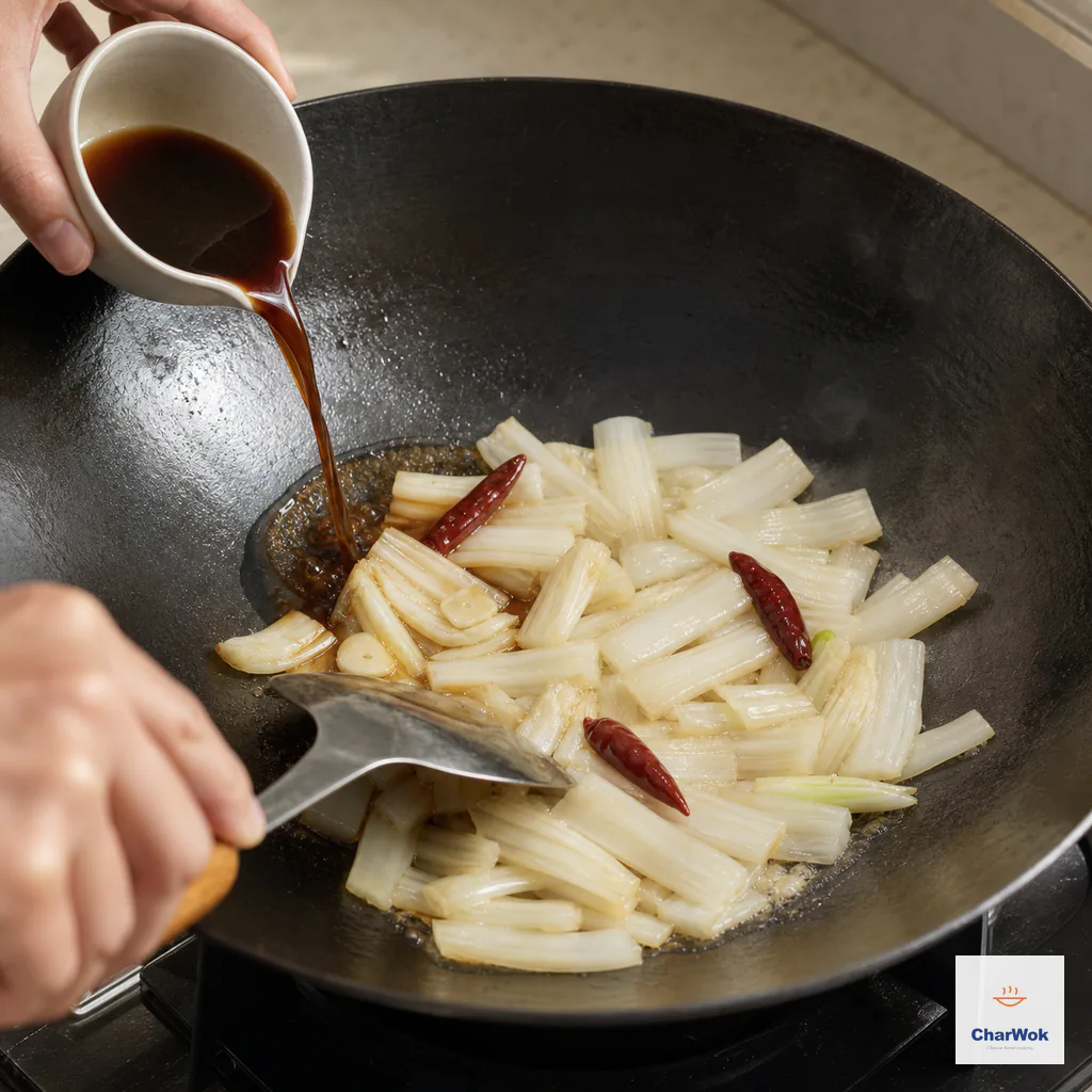 A measured brown soy-oyster mixture pours around lightly sweated Napa cabbage ribs to form a shallow braising broth