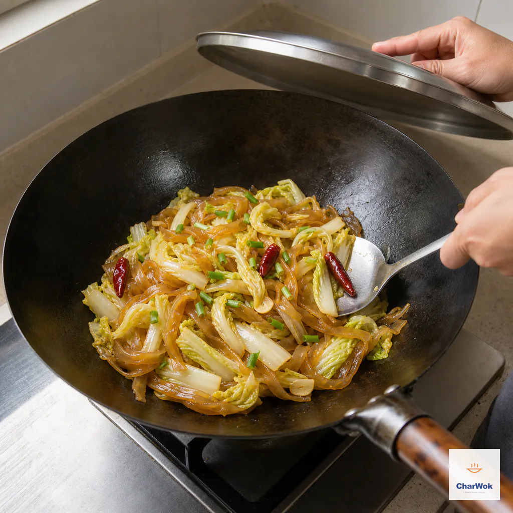 A lifted lid reveals separate glossy amber noodles and tender Napa cabbage in a nearly dry wok as scallion greens are scattered