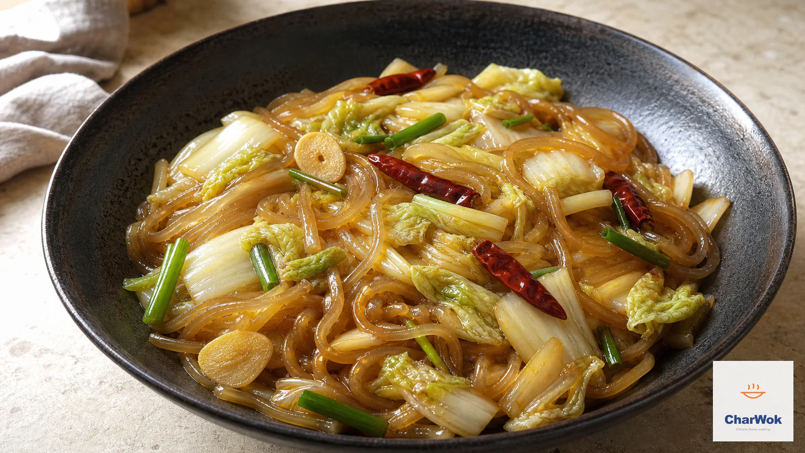 Glossy sweet-potato glass noodles braised with Napa cabbage and dried red chilies
