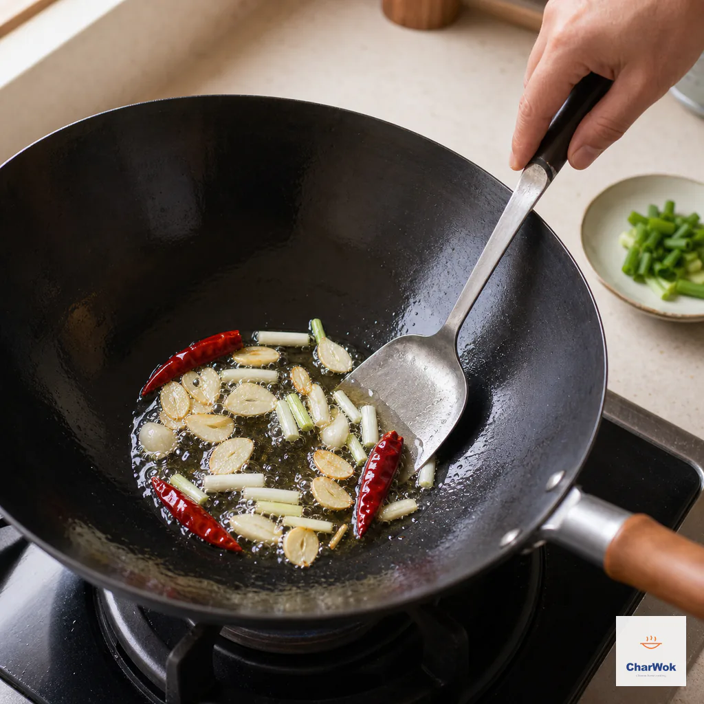 Three dried red chilies, thin garlic slices and scallion whites sizzle in clear peppercorn-free oil while scallion greens wait beside the wok