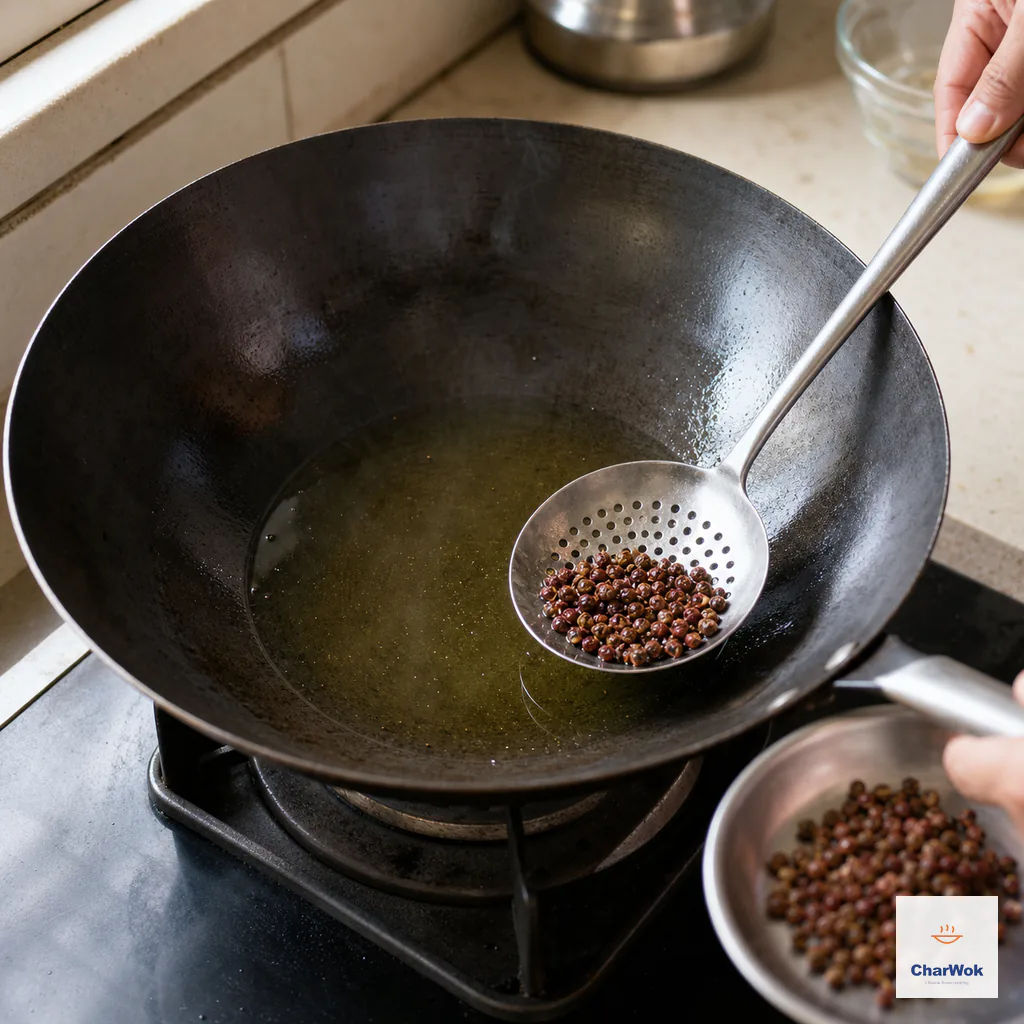 A slotted spoon removes every whole Sichuan peppercorn from gently bubbling cold-start oil into a discard bowl