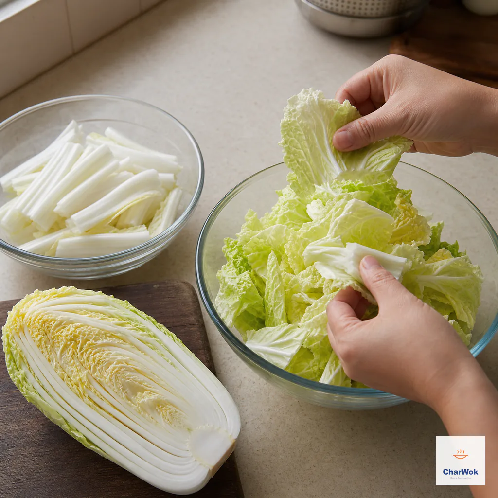 Adult hands tear pale-green Napa cabbage leaves while firm ivory ribs sit cut into separate even strips
