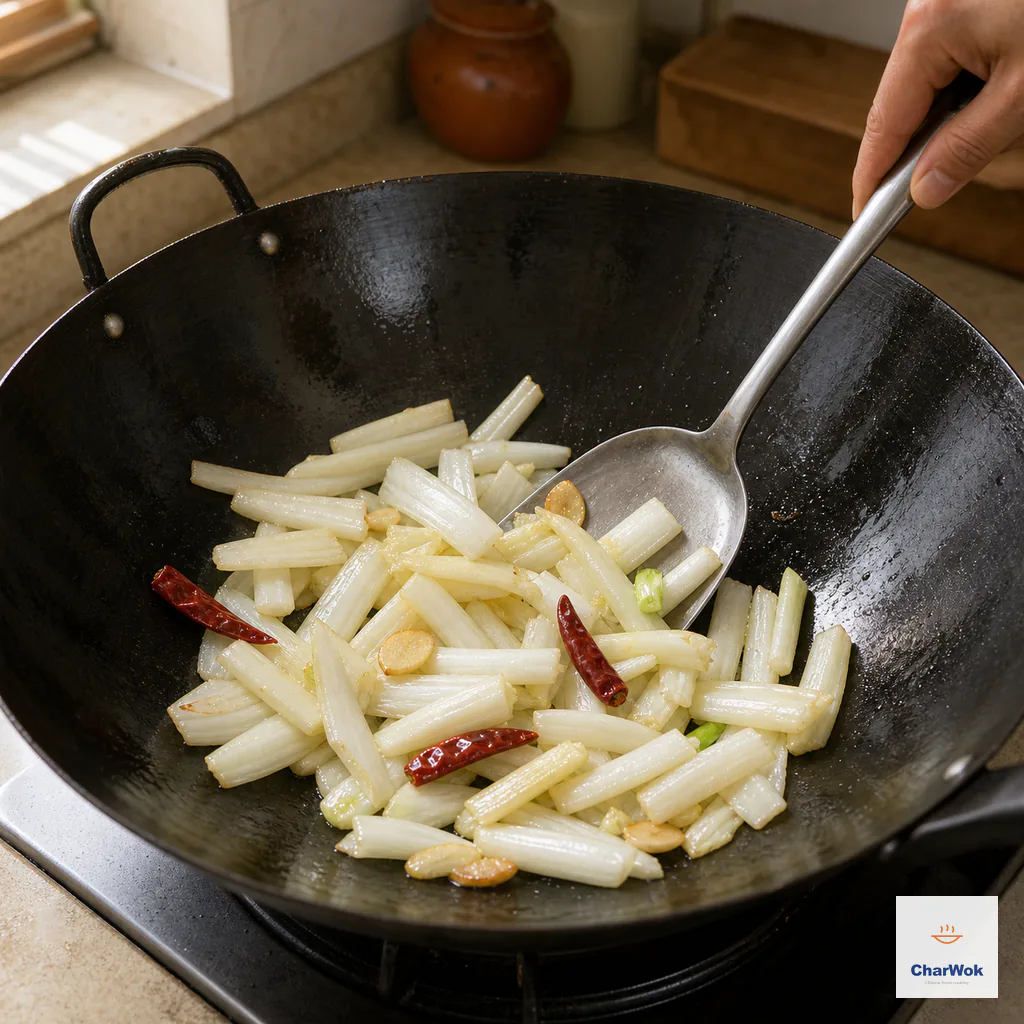 Only firm ivory Napa cabbage rib strips stir-fry with dried chilies and sliced garlic until just translucent at the edges