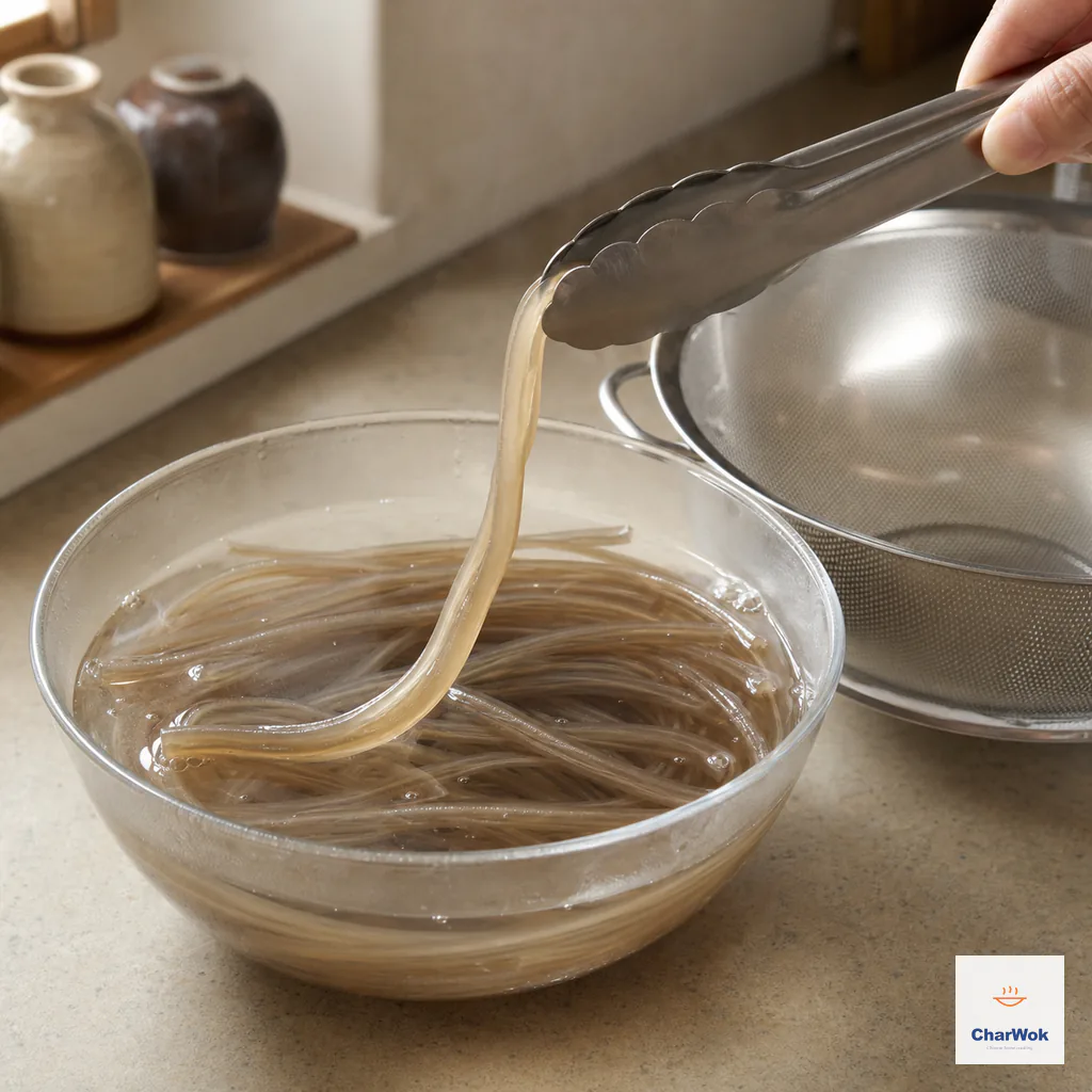 Tongs lift one thick pale sweet-potato noodle that bends but remains resilient above its just-boiled soaking water and a waiting colander
