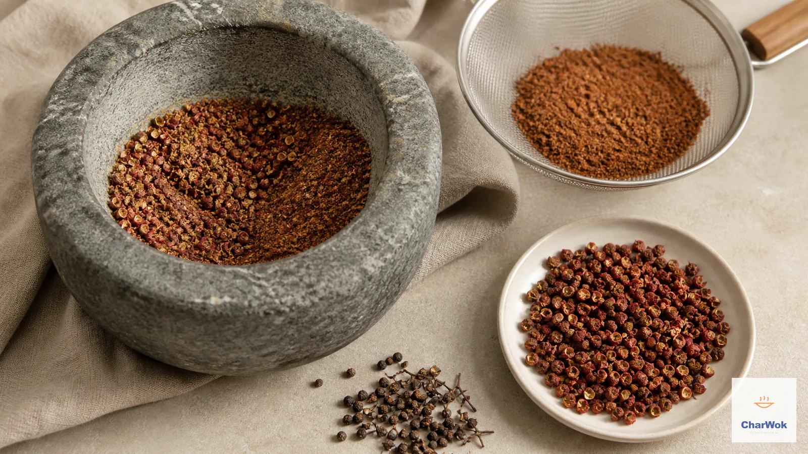 Freshly ground rust-red Sichuan pepper powder beside whole open husks, a mortar and a fine sieve