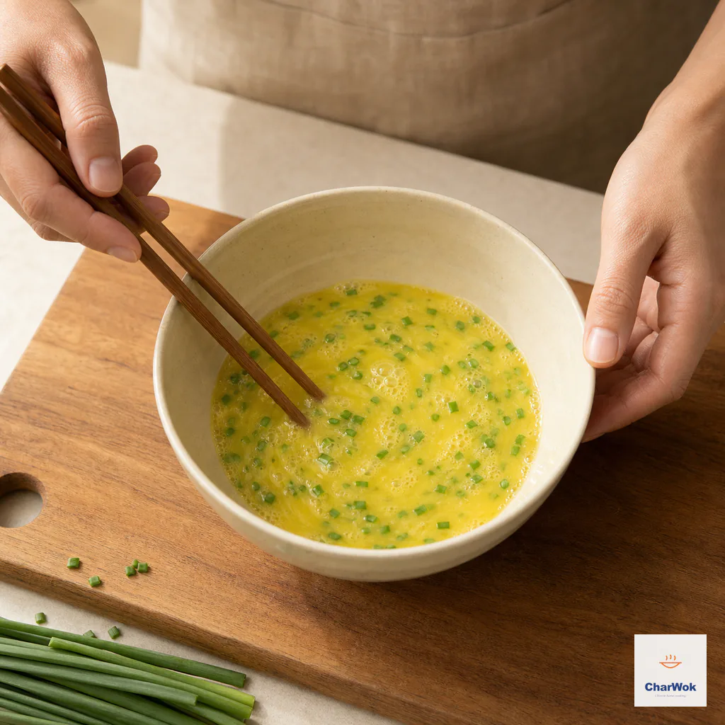 Chopsticks beat two eggs with finely chopped green garlic sprouts until the pale-yellow mixture is uniform and lightly foamy