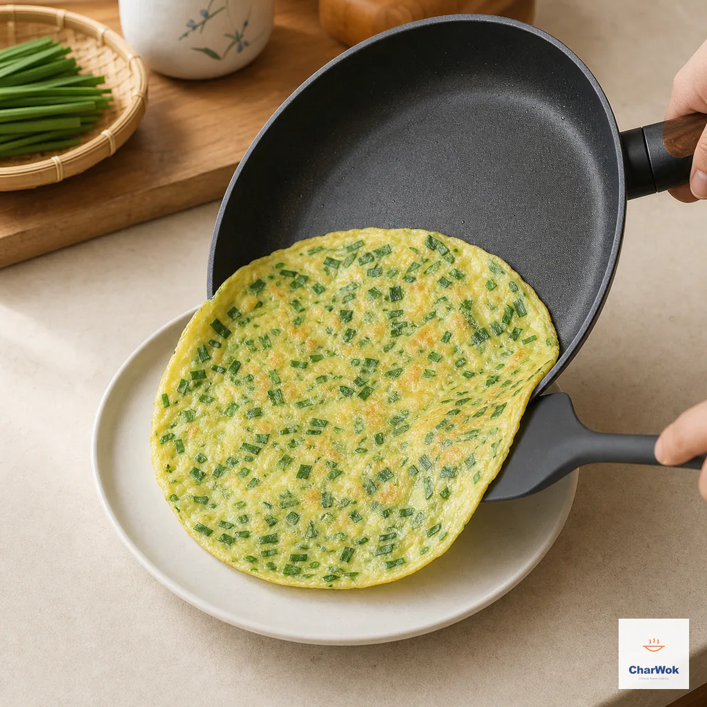 A thin tender garlic-sprout omelette slides from the tilted nonstick pan onto an off-white plate after its brief second-side cook