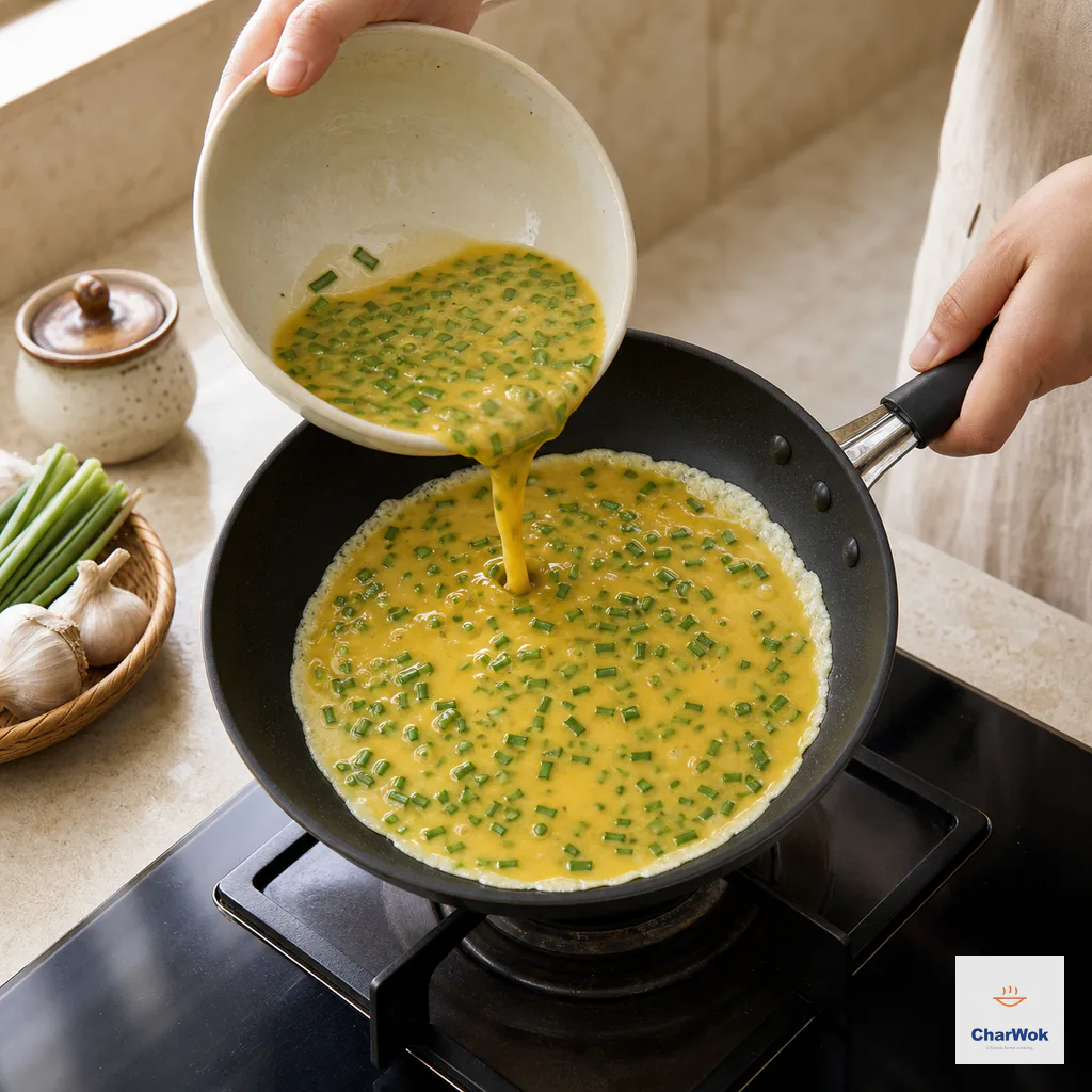 Garlic-sprout egg mixture pours into a tilted nonstick pan, forming a thin round with set edges and a glossy center