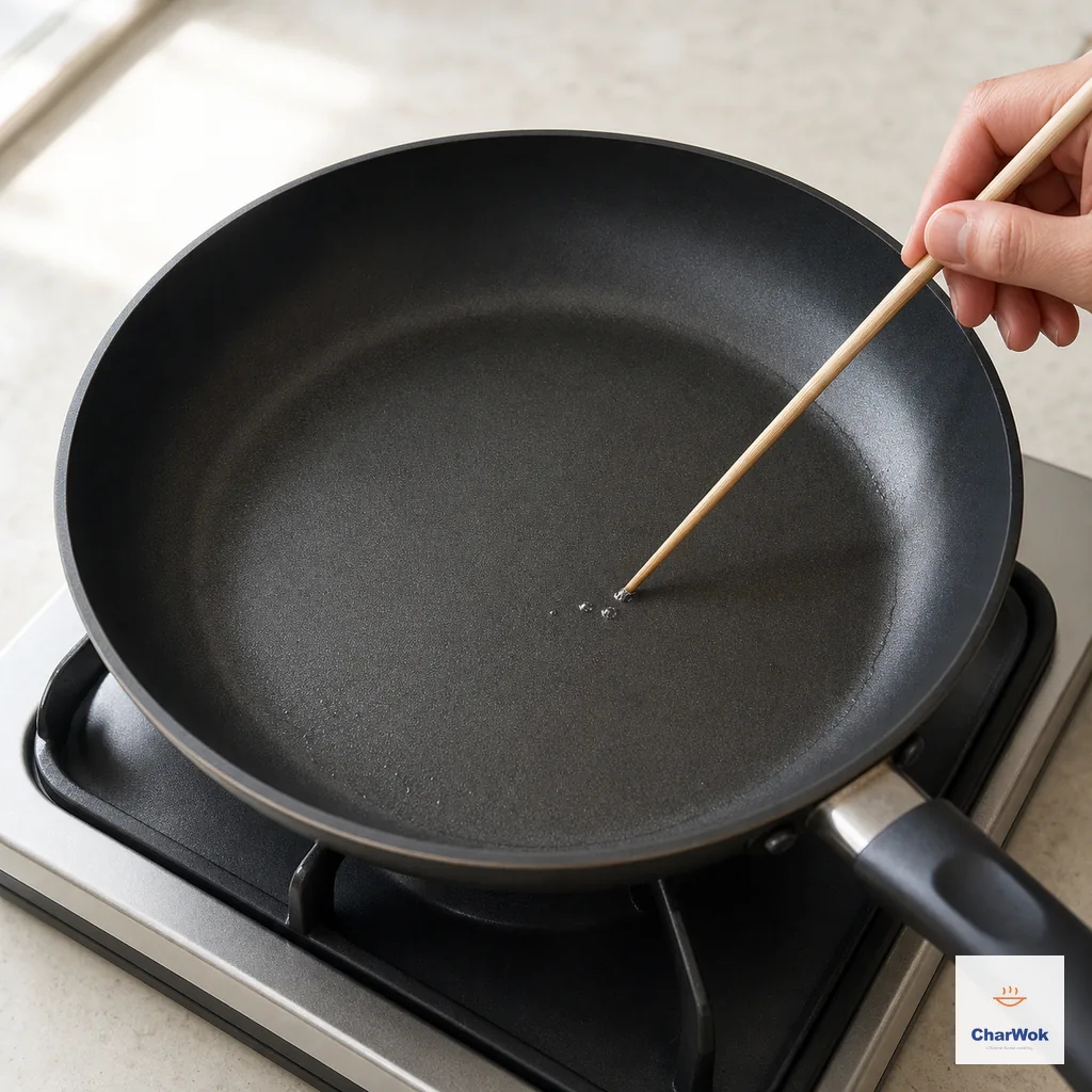 A wooden chopstick tip makes a few tiny bubbles in the nearly invisible oil film coating an empty nonstick pan