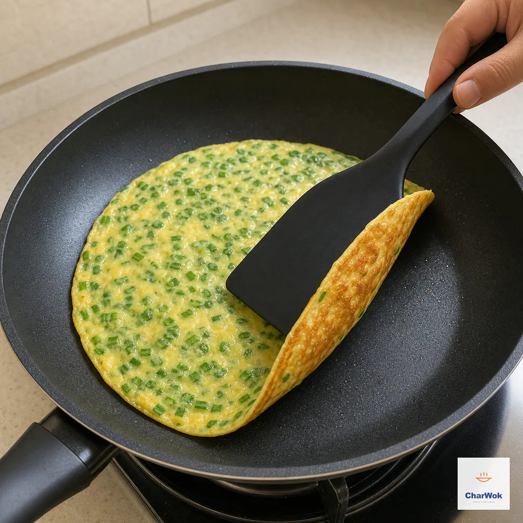 A broad spatula lifts one edge of the intact thin omelette, revealing a mottled golden underside beneath its glossy just-set top
