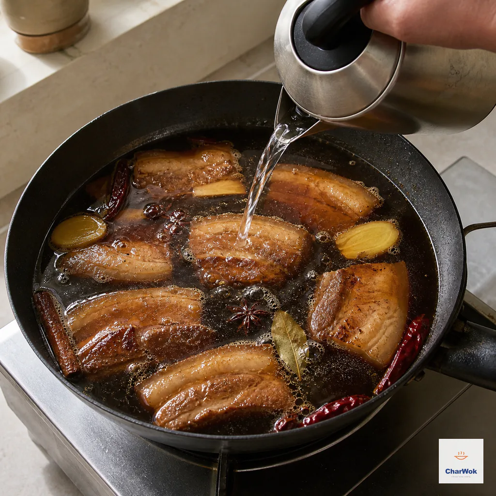 Boiling water pours from a kettle until the seasoned pork belly is only just covered by shallow soy-brown liquid