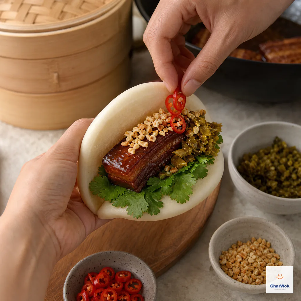 One warm gua bao is filled with cilantro, one glossy pork-belly rectangle, pickled mustard greens, crushed peanuts and fresh chili