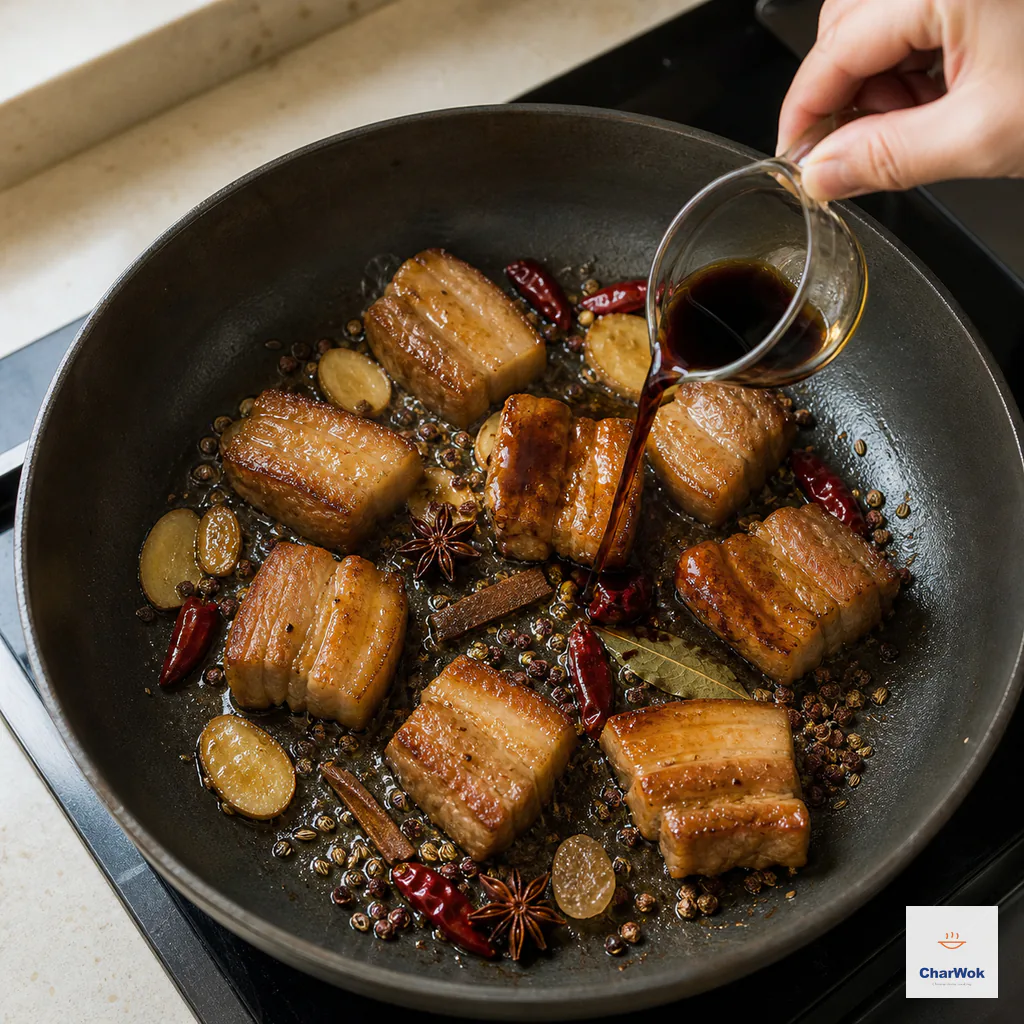 Soy sauce pours around golden pork belly with ginger, star anise, cassia, peppercorns, fennel, bay leaf, dried chilies and rock sugar