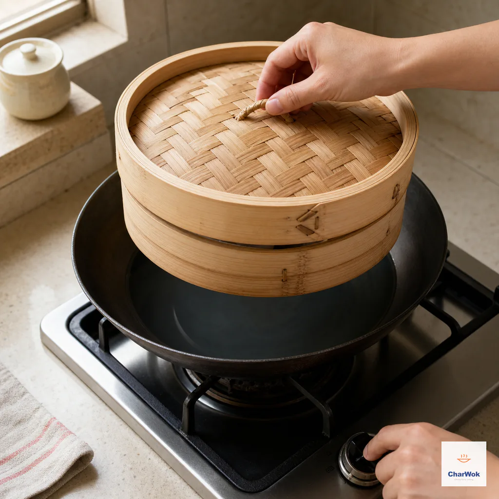 A closed bamboo steamer sits above still clear cold water as one hand turns on the gas burner