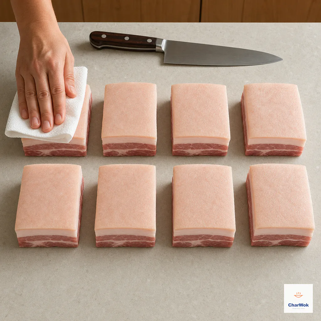 Exactly eight equal skin-on pork-belly rectangles in two rows while one piece is patted dry beside a resting knife