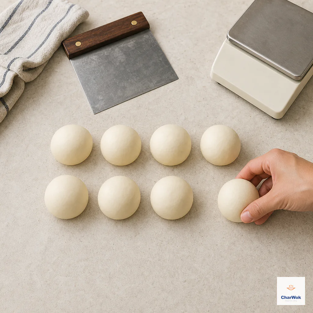 Exactly eight smooth equal dough balls sit beside a bench scraper and kitchen scale on a pale worktop