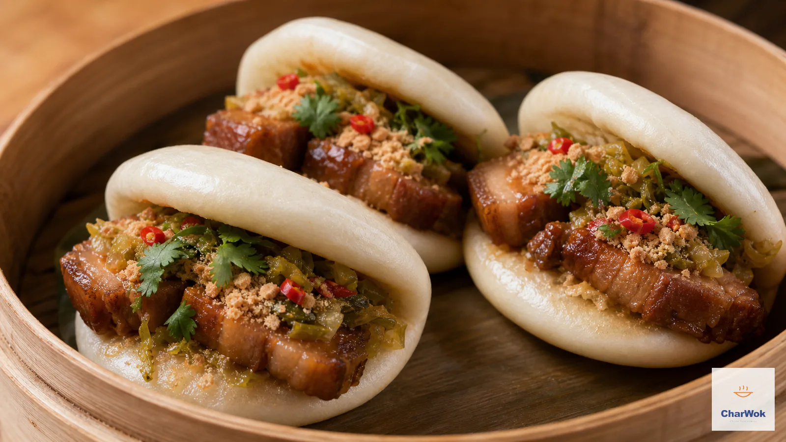Fluffy gua bao filled with glossy braised pork belly, pickled greens, cilantro and crushed peanuts