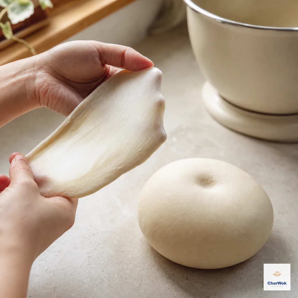 Hands stretch a small piece of smooth dough into a translucent windowpane beside a springy dough ball and stand mixer