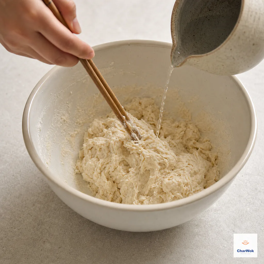 Lukewarm water streams into flour, yeast, baking powder and sugar as chopsticks gather a rough shaggy dough