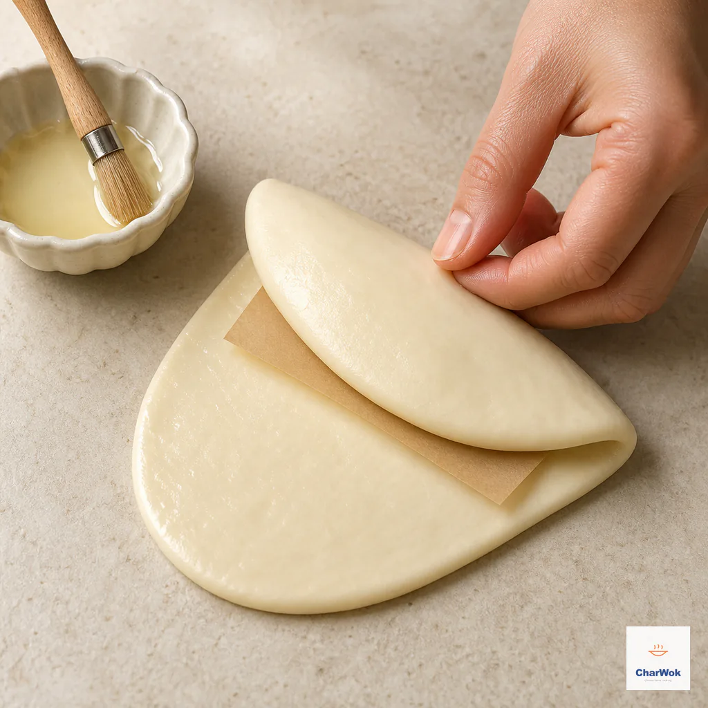 A lightly oiled oval of dough folds lengthwise around one parchment rectangle so the two halves remain separated