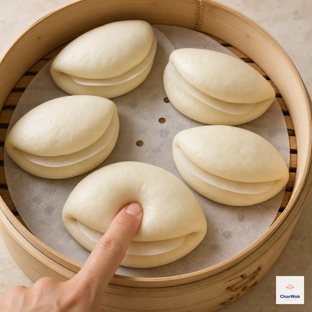 Puffed folded gua bao rest with parchment between their halves as a fingertip indentation slowly rebounds