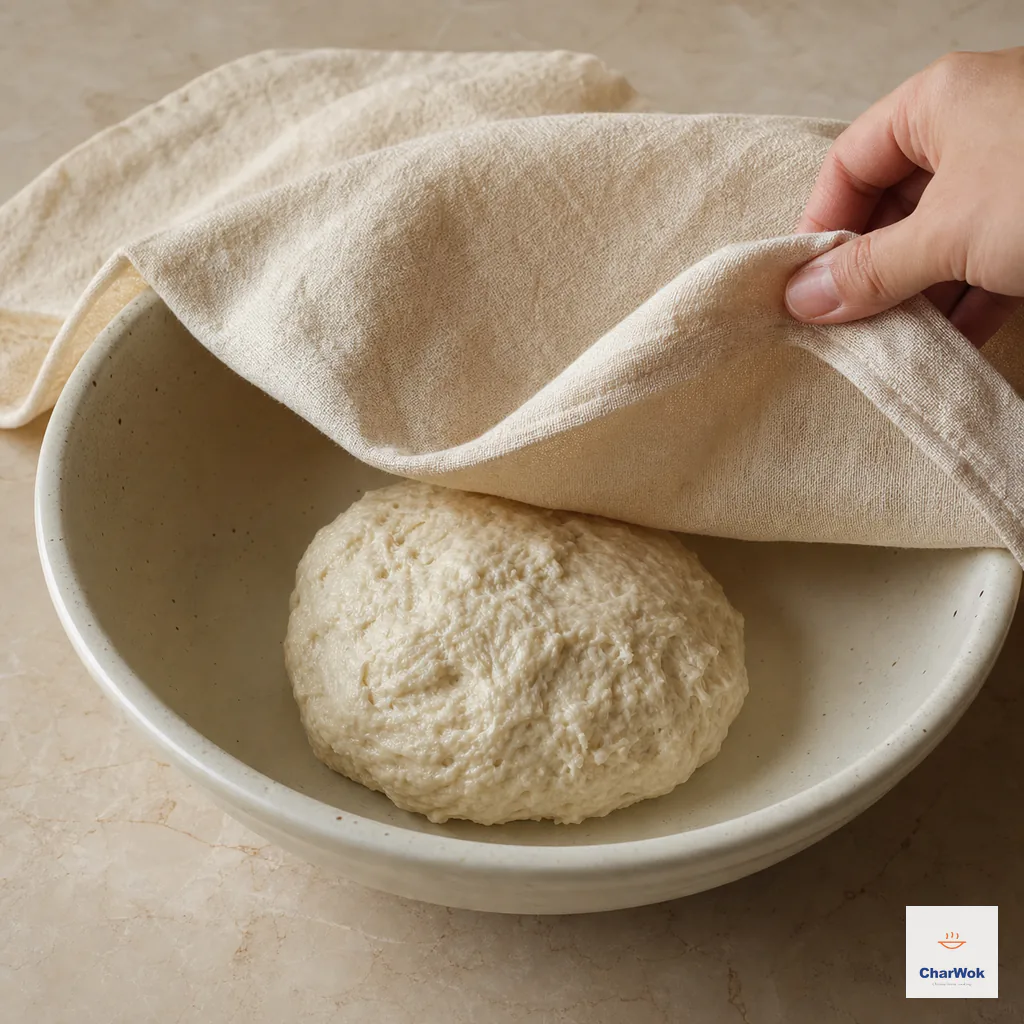 A hydrated rough dough ball rests in a cream bowl beneath a damp cloth with one edge lifted
