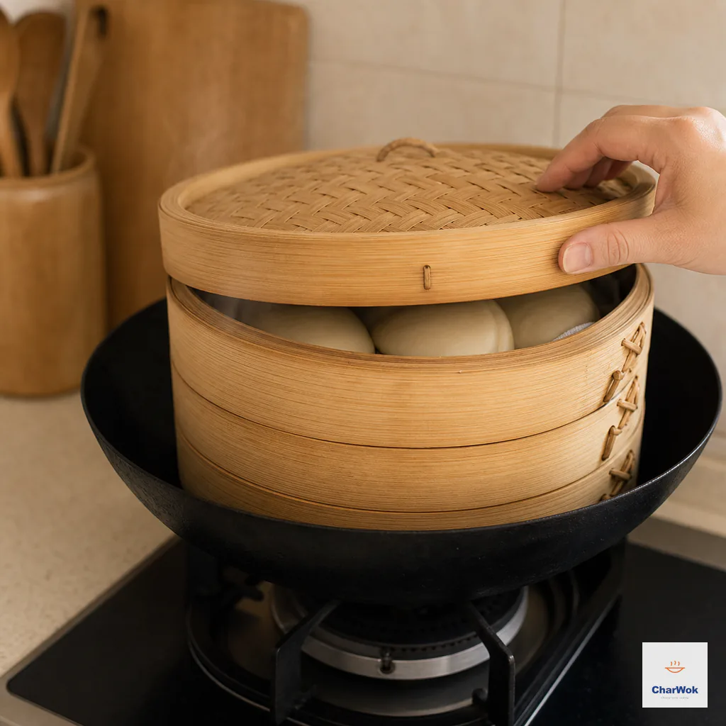 With the burner off, a bamboo lid is held slightly ajar so a faint wisp of steam escapes over plump white buns