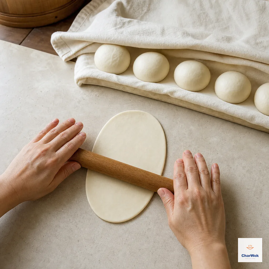 A rolling pin shapes one dough ball into a hand-sized even oval while the remaining smooth balls stay covered