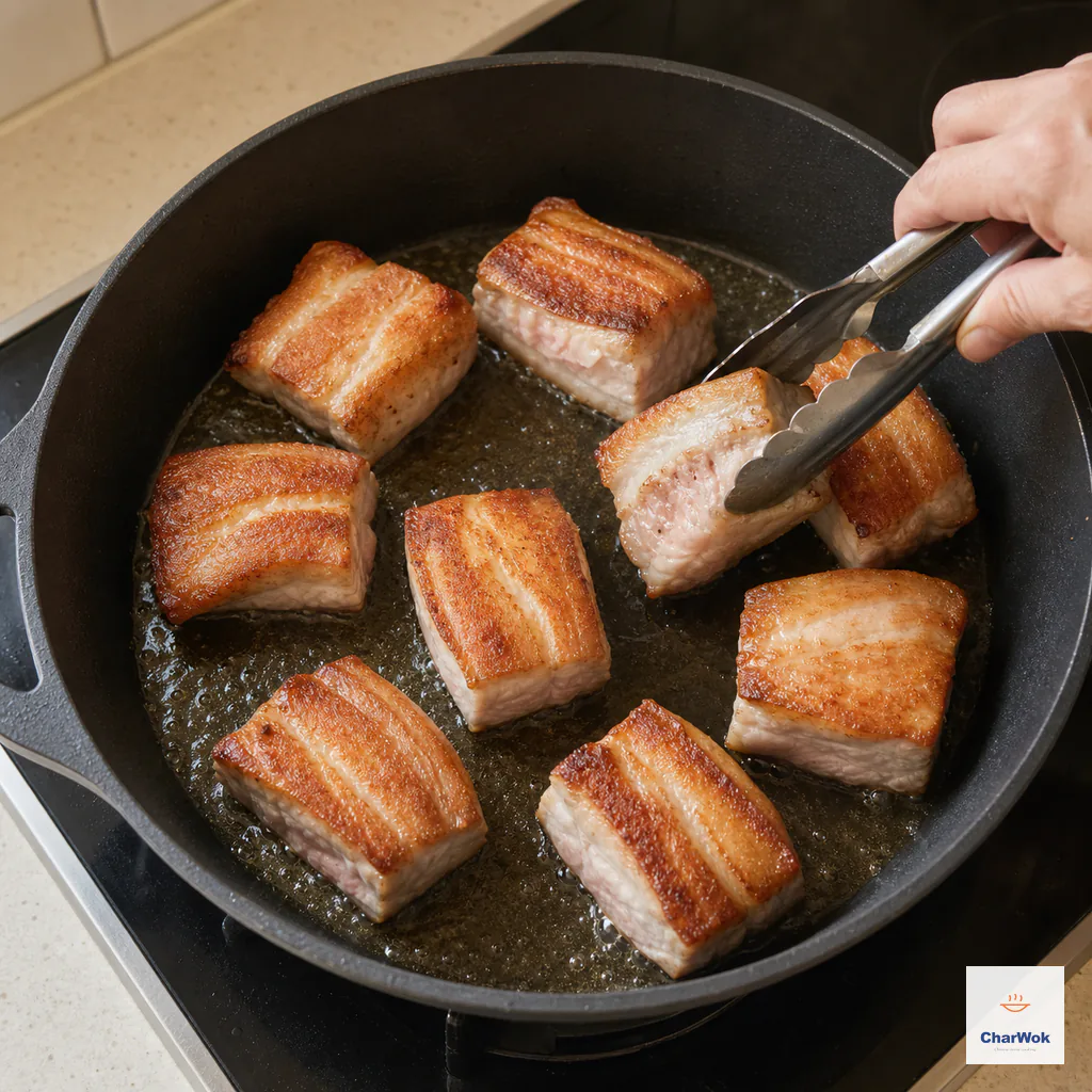 Eight pork-belly rectangles sear in one layer until their broad faces are deep golden in a shallow film of rendered fat