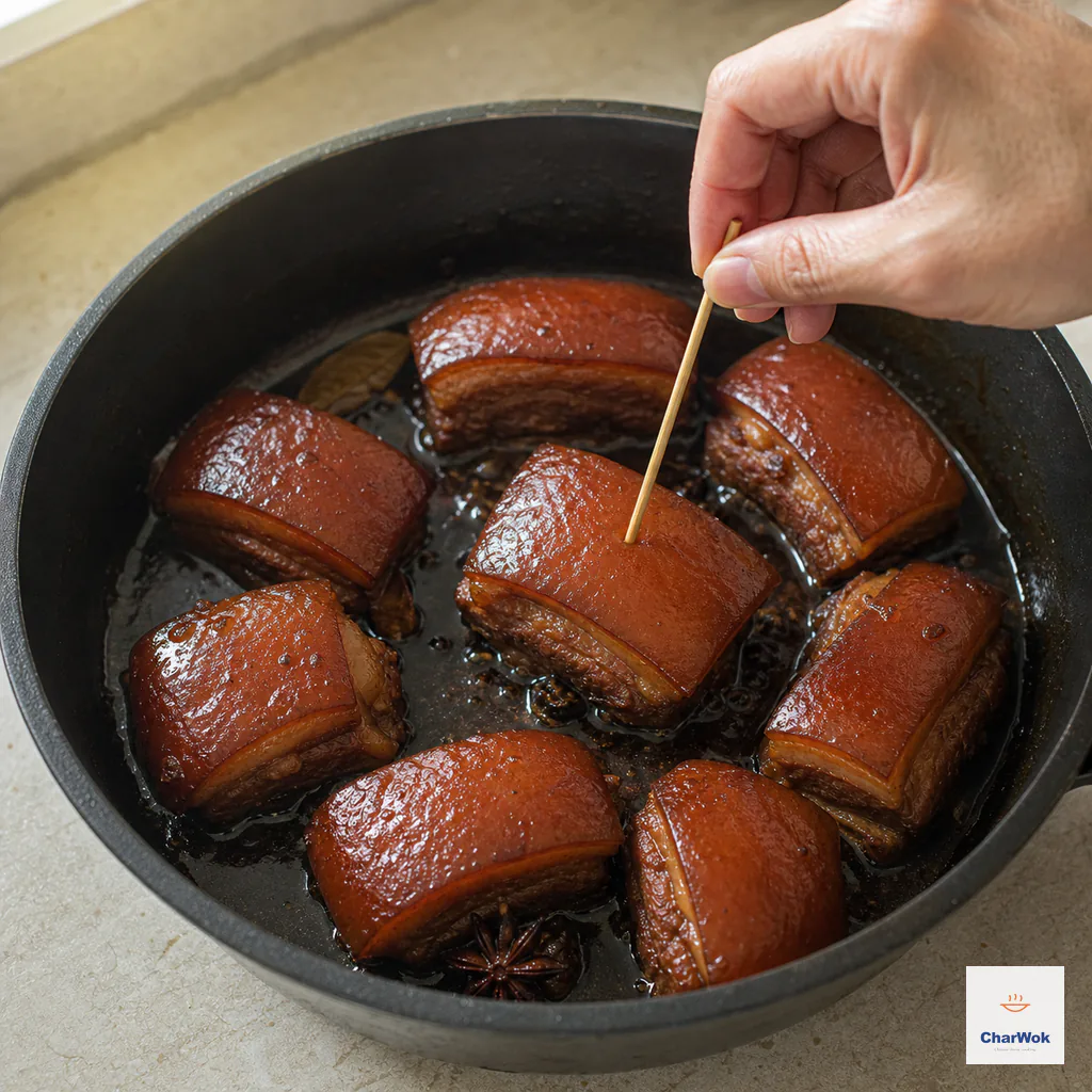 A skewer passes through one of eight glossy braised pork-belly pieces in reduced sauce without resistance